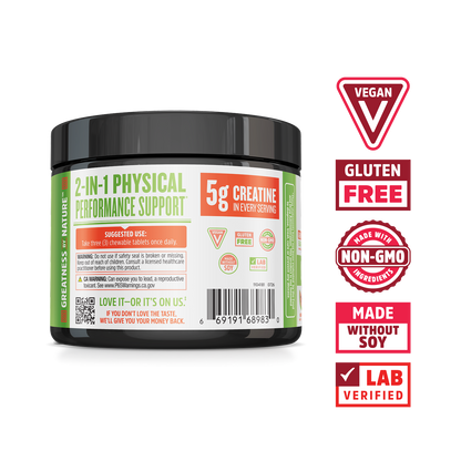 Zhou Nutrition Creatine + PEAK ATP® Chewables: vegan, gluten-free, non-GMO, soy-free, lab-tested for muscle growth.