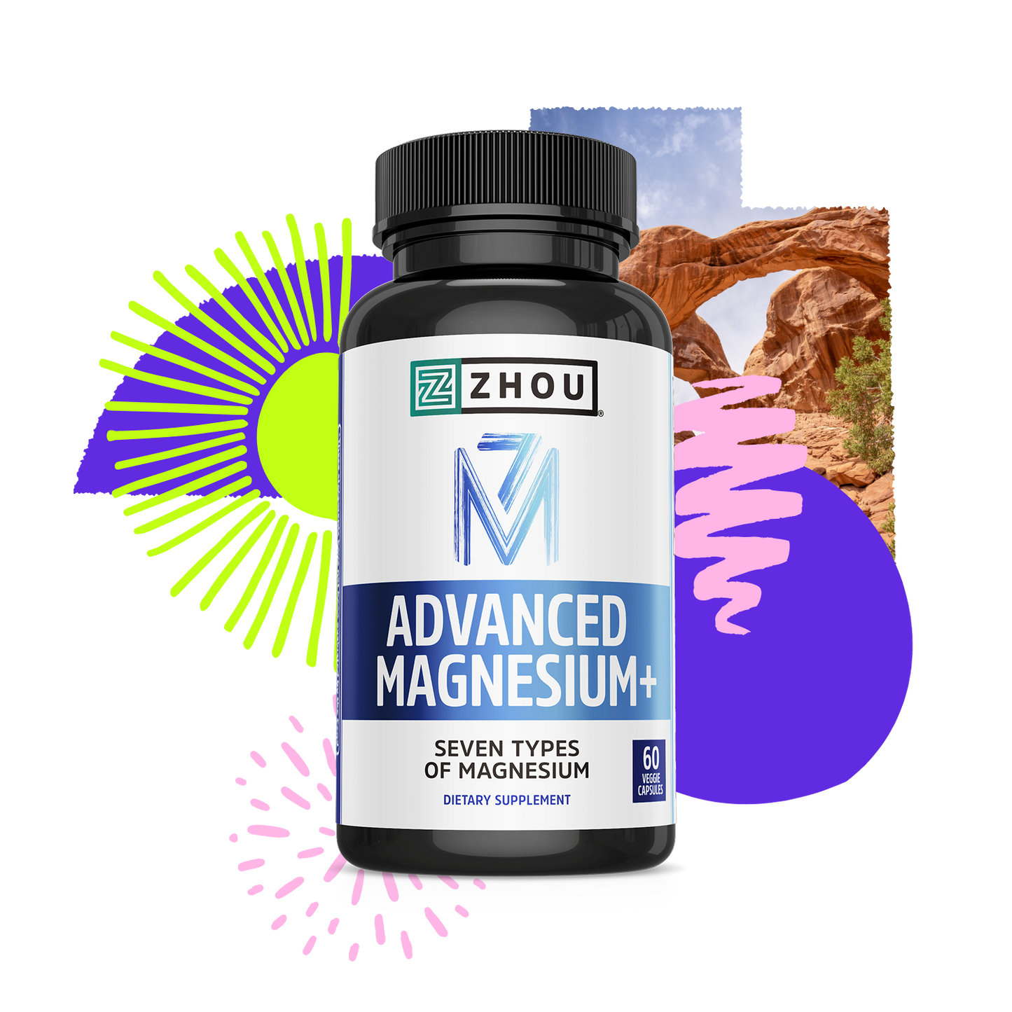 A bottle of Zhou Nutrition Advanced Magnesium is shown with abstract shapes and a rock arch in the background.