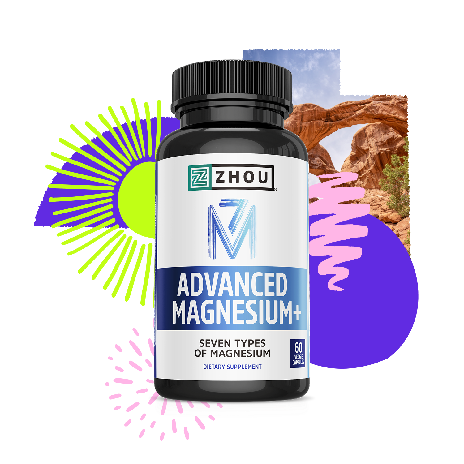 A bottle of Zhou Nutrition Advanced Magnesium is shown with abstract shapes and a rock arch in the background.