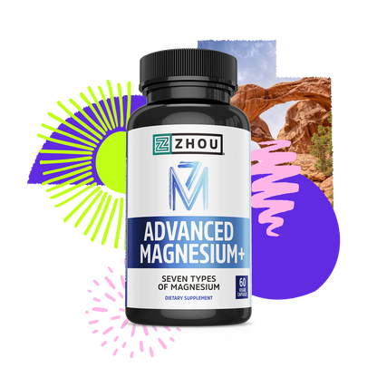 A bottle of Zhou Nutrition Advanced Magnesium is shown with abstract shapes and a rock arch in the background.