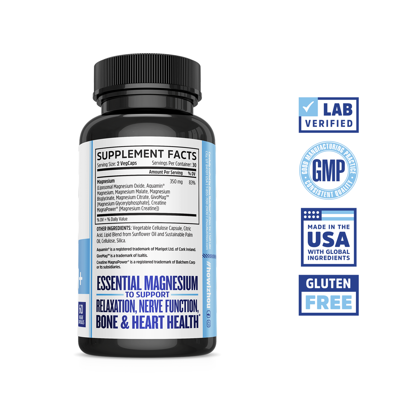 Zhou Nutrition Advanced Magnesium: 7 types for bone & heart health; bottle with right-side labels.