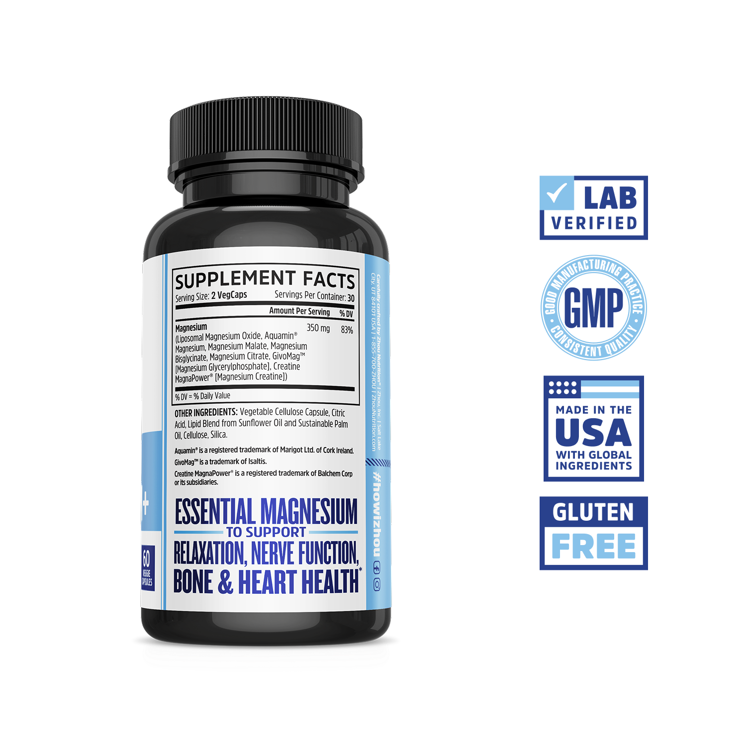 Zhou Nutrition Advanced Magnesium: 7 types for bone & heart health; bottle with right-side labels.