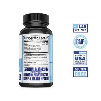 Zhou Nutrition Advanced Magnesium: 7 types for bone & heart health; bottle with right-side labels.