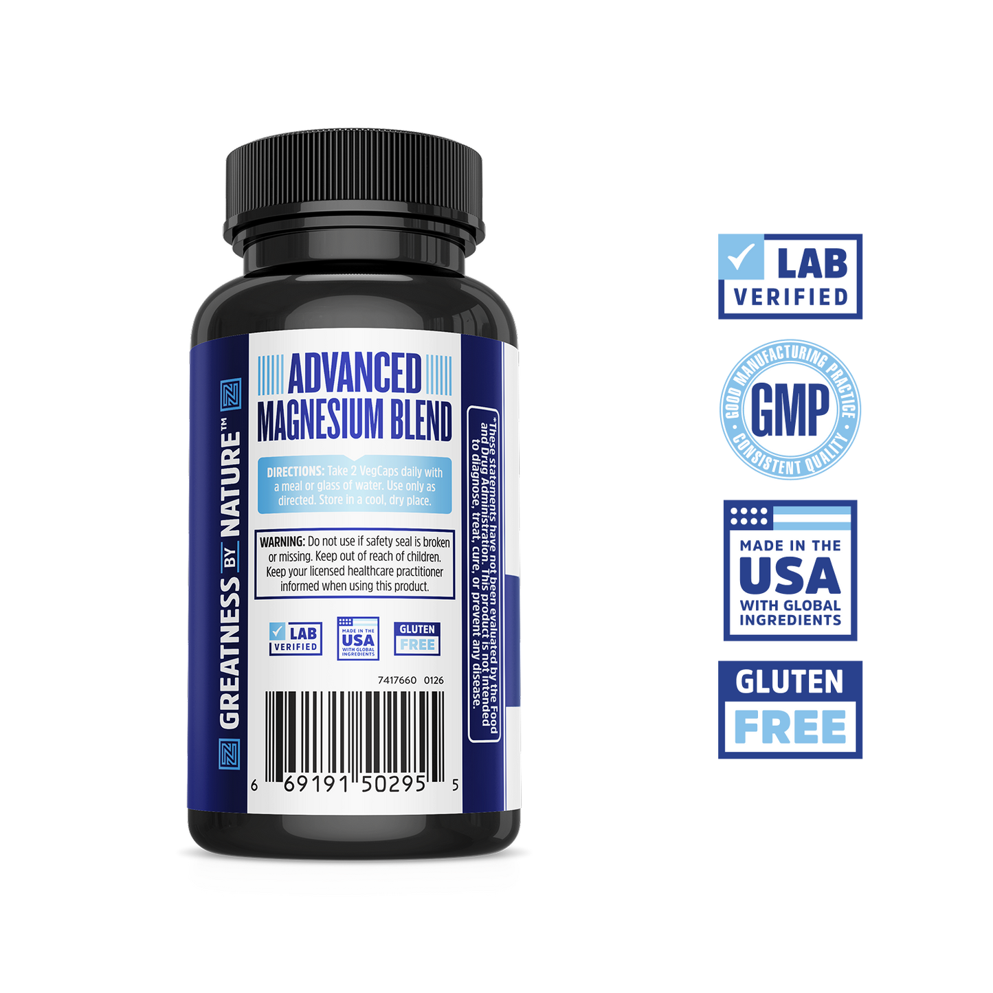 A bottle of Zhou Nutrition Advanced Magnesium, with 7 magnesium types for bone and heart health; lab verified, GMP.