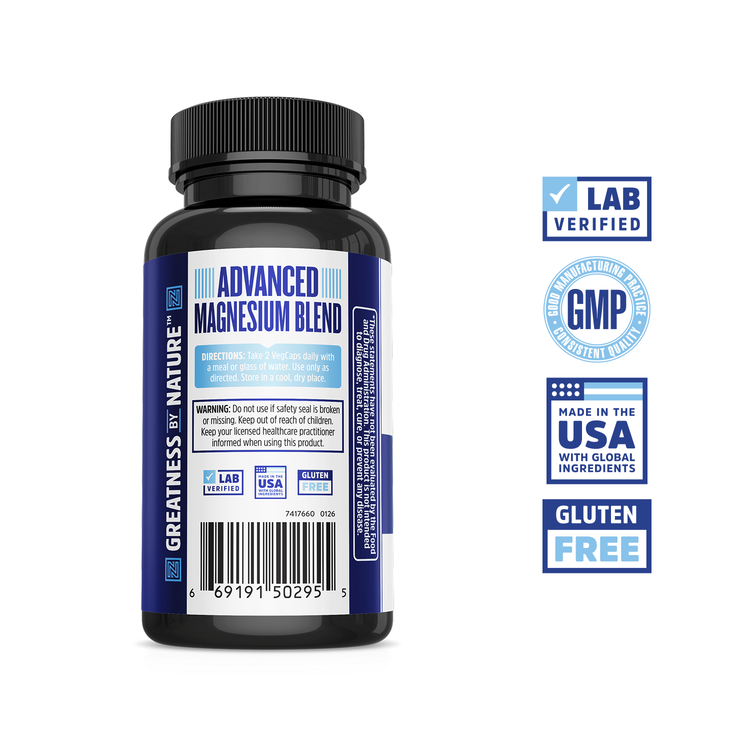A bottle of Zhou Nutrition Advanced Magnesium, with 7 magnesium types for bone and heart health; lab verified, GMP.