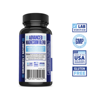 A bottle of Zhou Nutrition Advanced Magnesium, with 7 magnesium types for bone and heart health; lab verified, GMP.