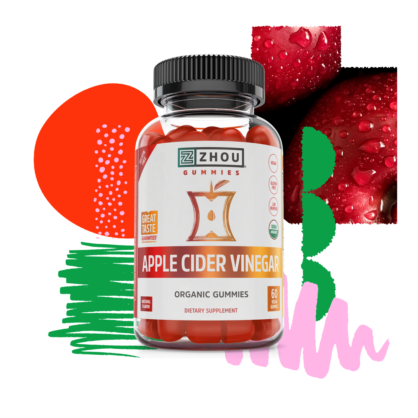 A bottle of Zhou Nutrition Apple Cider Vinegar Gummies for metabolism support, with colorful shapes and apple background.