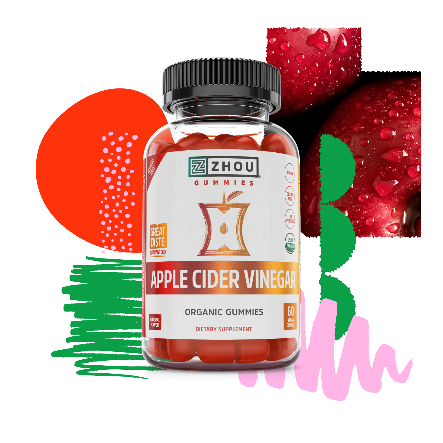 A bottle of Zhou Nutrition Apple Cider Vinegar Gummies for metabolism support, with colorful shapes and apple background.