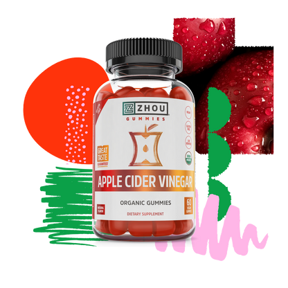 A bottle of Zhou Nutrition Apple Cider Vinegar Gummies for metabolism support, with colorful shapes and apple background.
