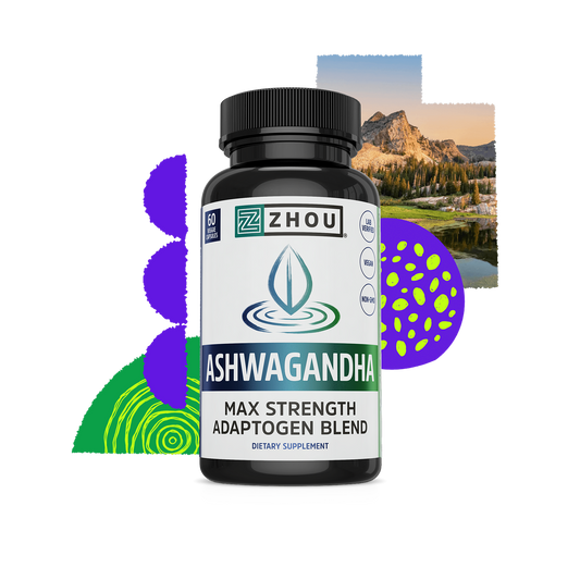 A Zhou Nutrition Ashwagandha bottle featuring nature graphics, emphasizing adaptogens and stress relief benefits.