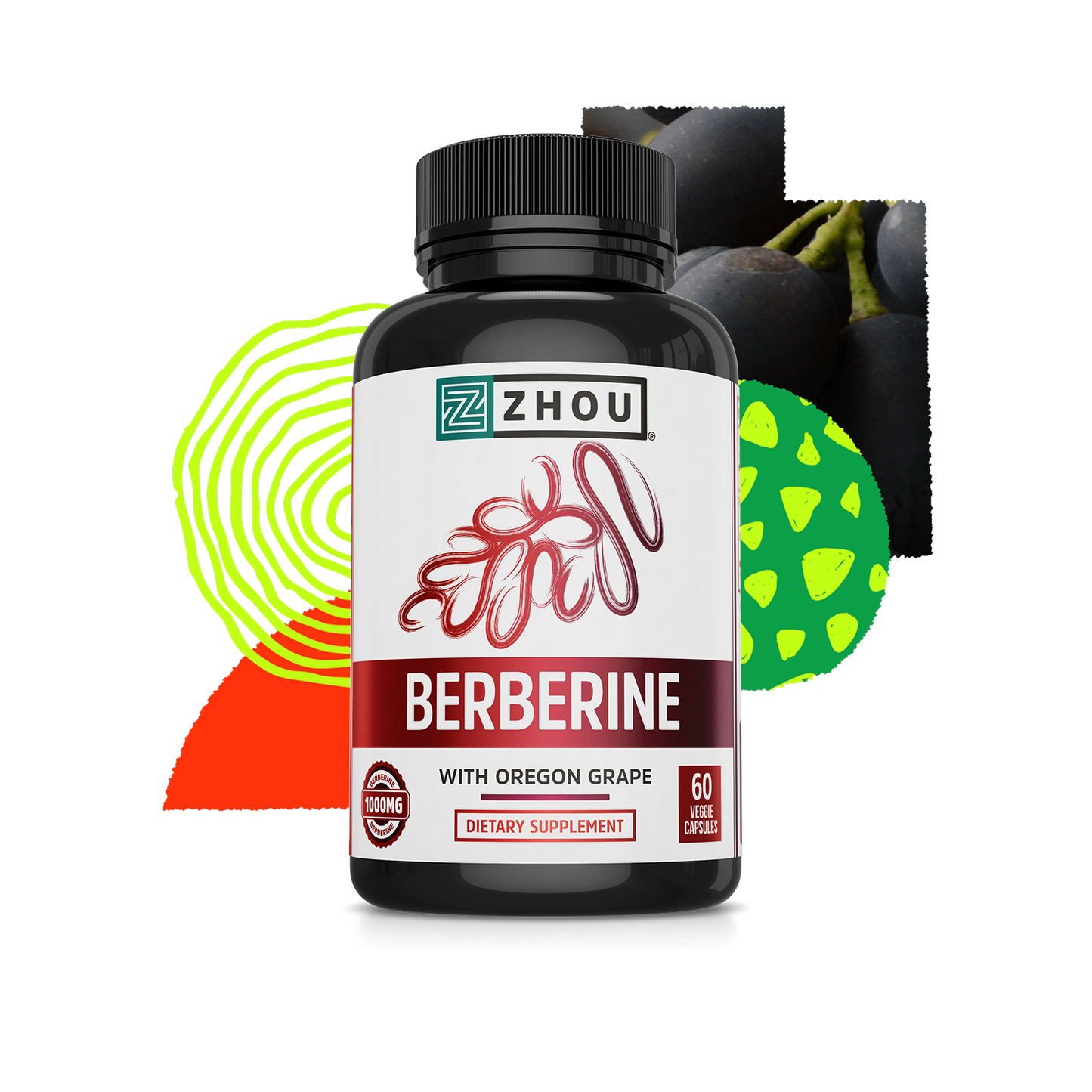 Zhou Nutrition Berberine with Oregon Grape, 60 capsules, for blood sugar support on a colorful abstract background.