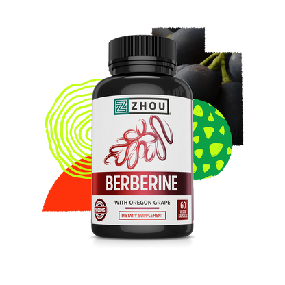 Zhou Nutrition Berberine with Oregon Grape, 60 capsules, for blood sugar support on a colorful abstract background.