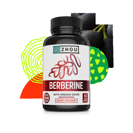 Zhou Nutrition Berberine with Oregon Grape, 60 capsules, for blood sugar support on a colorful abstract background.