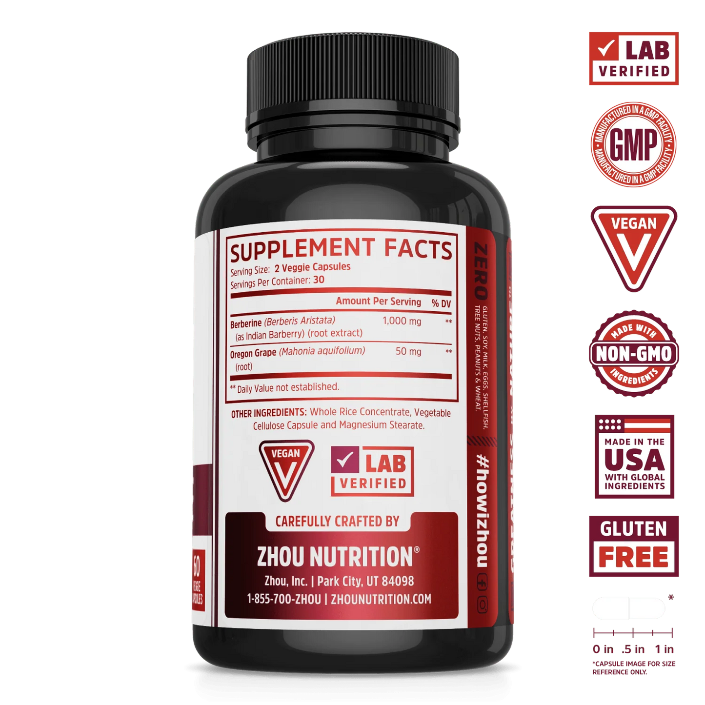 Zhou Nutrition Berberine with Oregon Grape supports blood sugar & digestive health; includes certification badges.