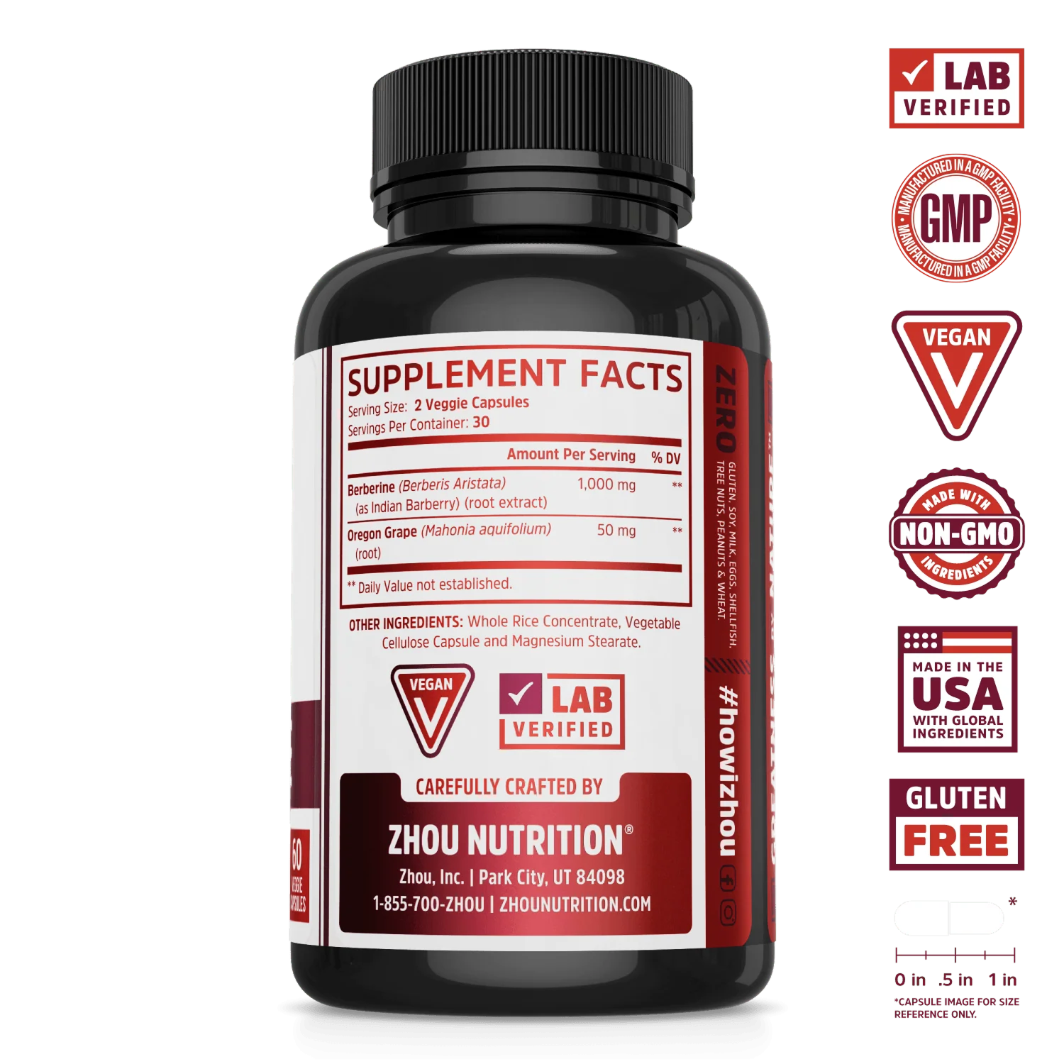 Zhou Nutrition Berberine with Oregon Grape supports blood sugar & digestive health; includes certification badges.