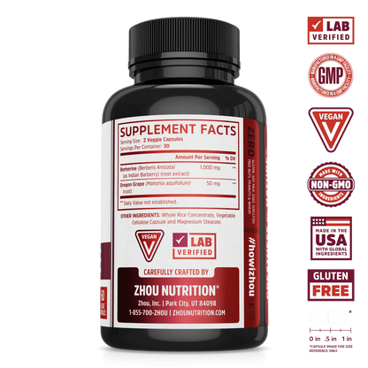 Zhou Nutrition Berberine with Oregon Grape supports blood sugar & digestive health; includes certification badges.