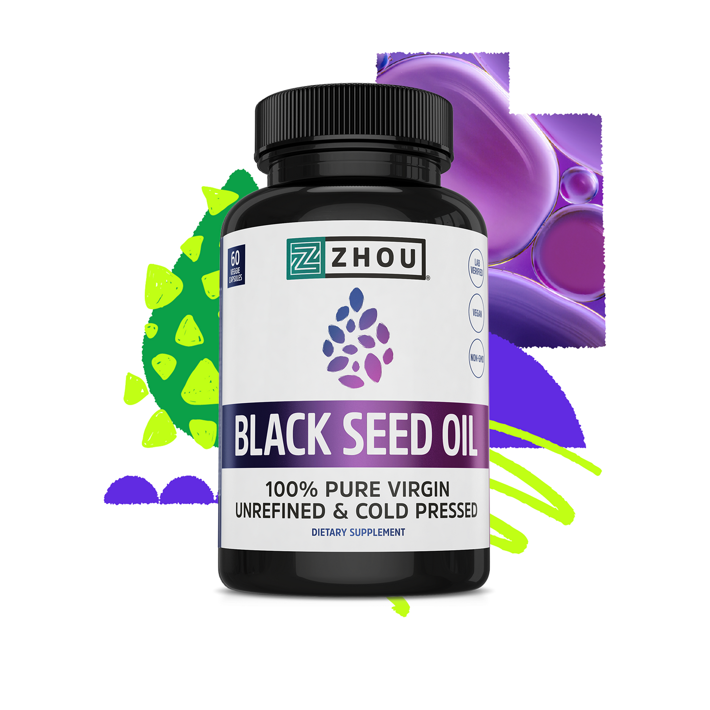 A bottle of Zhou Nutrition Black Seed Oil with bold purple, green, and blue abstract shapes in the background.