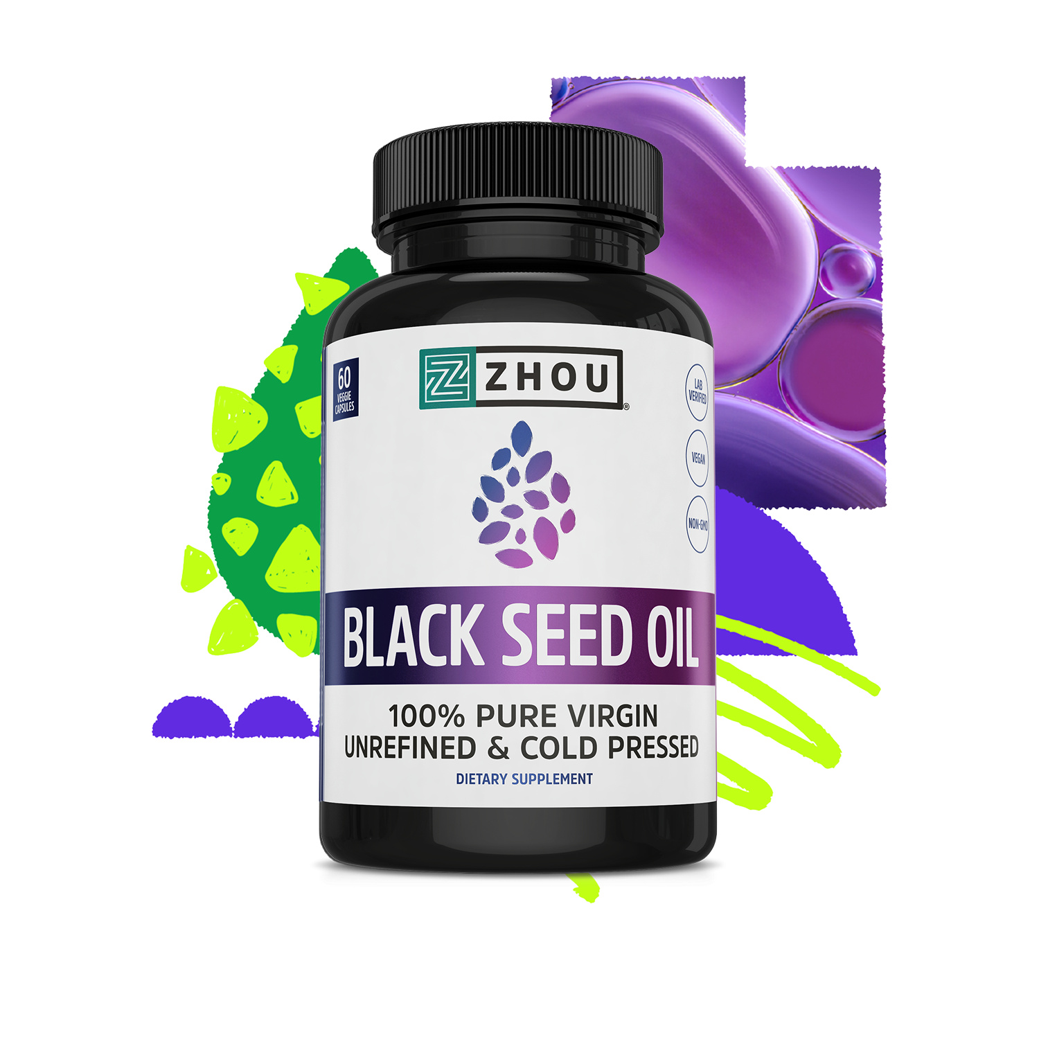 A bottle of Zhou Nutrition Black Seed Oil with bold purple, green, and blue abstract shapes in the background.
