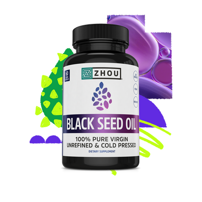 A bottle of Zhou Nutrition Black Seed Oil with bold purple, green, and blue abstract shapes in the background.