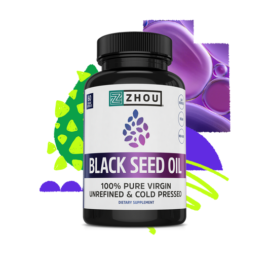 A bottle of Zhou Nutrition Black Seed Oil with bold purple, green, and blue abstract shapes in the background.