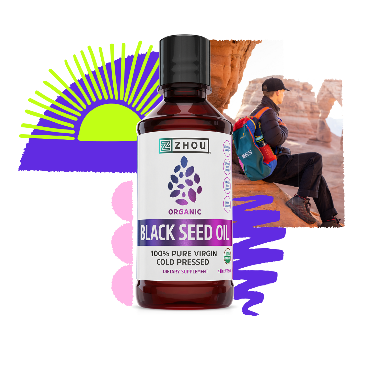 Zhou Nutrition Black Seed Oil Liquid bottle with an outdoor hiker and vibrant graphic elements in the background.