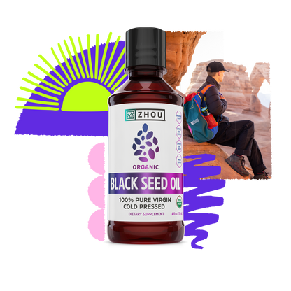Zhou Nutrition Black Seed Oil Liquid bottle with an outdoor hiker and vibrant graphic elements in the background.