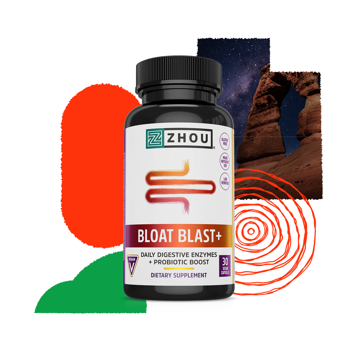 A bottle of Zhou Nutrition Bloat Blast+ supplement with enzyme blend shown against a night sky background.