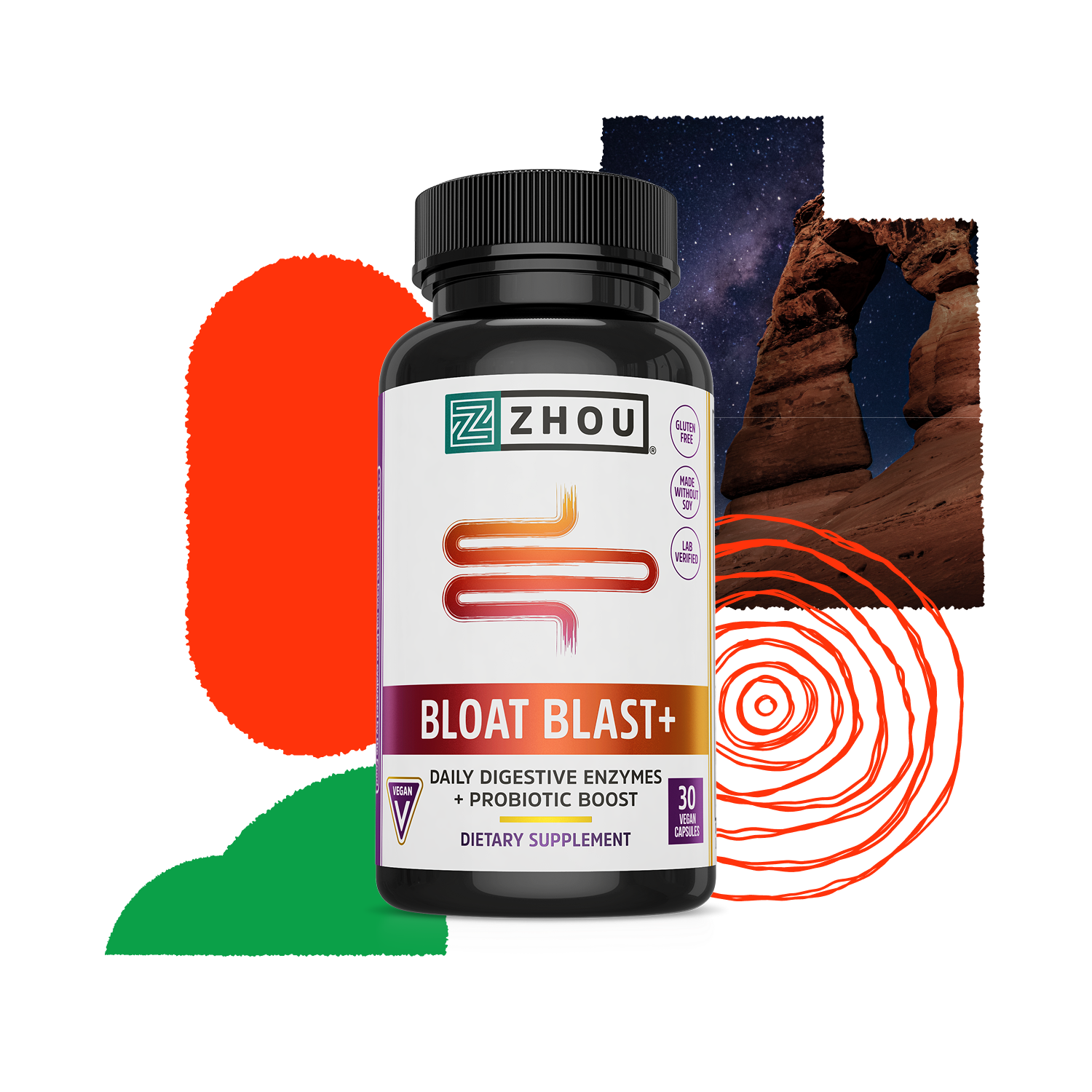 A bottle of Zhou Nutrition Bloat Blast+ supplement with enzyme blend shown against a night sky background.