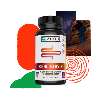 A bottle of Zhou Nutrition Bloat Blast+ supplement with enzyme blend shown against a night sky background.