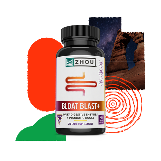 A bottle of Zhou Nutrition Bloat Blast+ supplement with enzyme blend shown against a night sky background.
