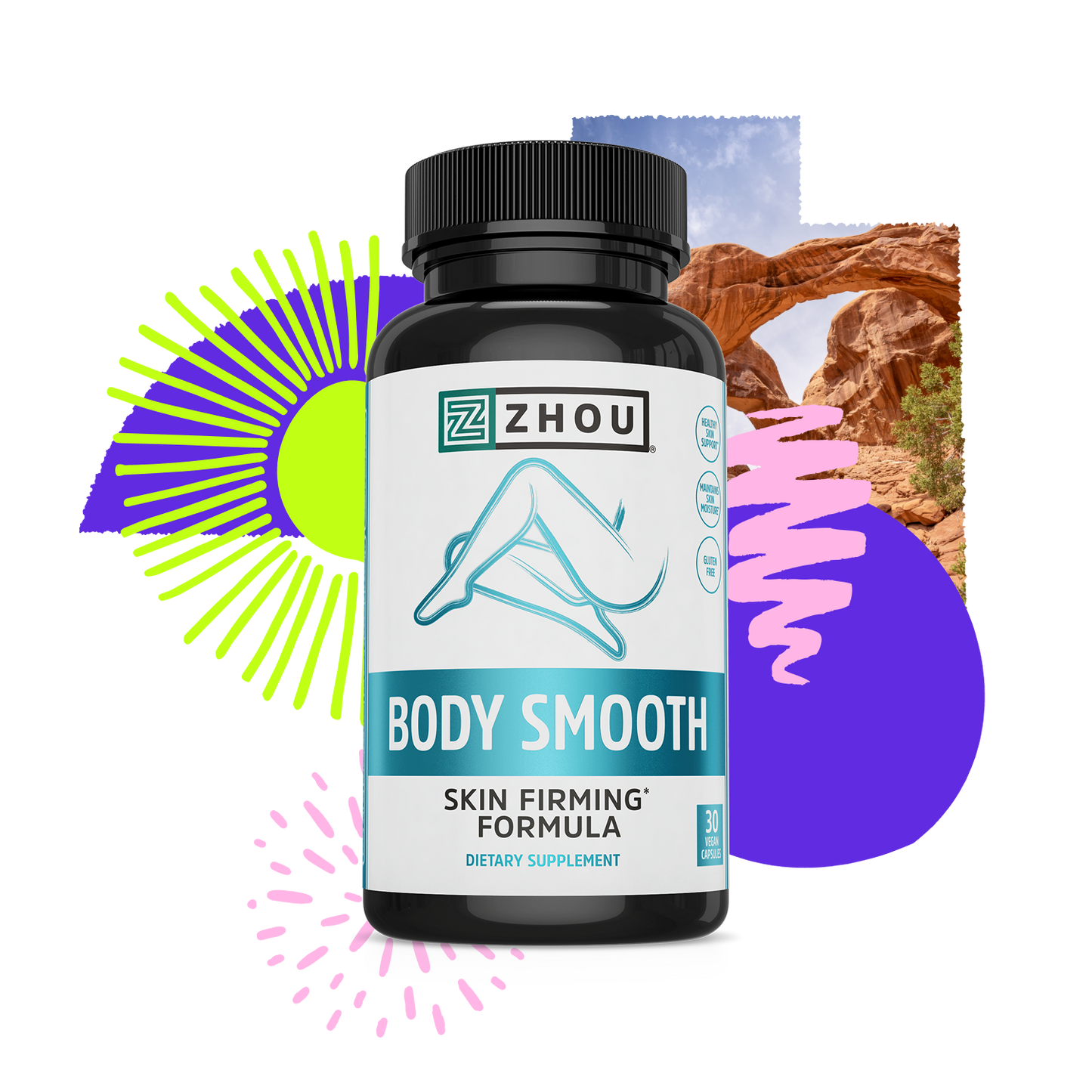 A bottle of Zhou Nutrition Body Smooth with skin elasticity support, colorful shapes, and a rock arch in the background.