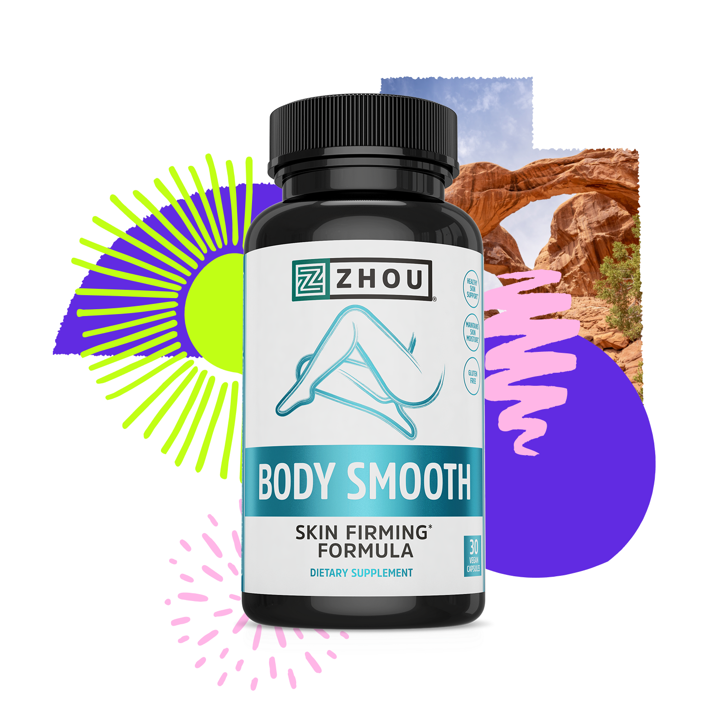 A bottle of Zhou Nutrition Body Smooth with skin elasticity support, colorful shapes, and a rock arch in the background.