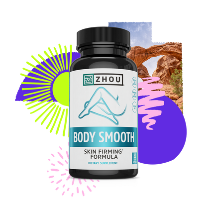 A bottle of Zhou Nutrition Body Smooth with skin elasticity support, colorful shapes, and a rock arch in the background.