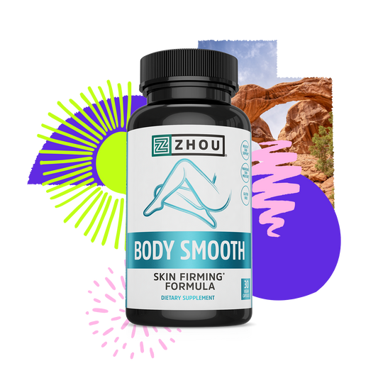 A bottle of Zhou Nutrition Body Smooth with skin elasticity support, colorful shapes, and a rock arch in the background.