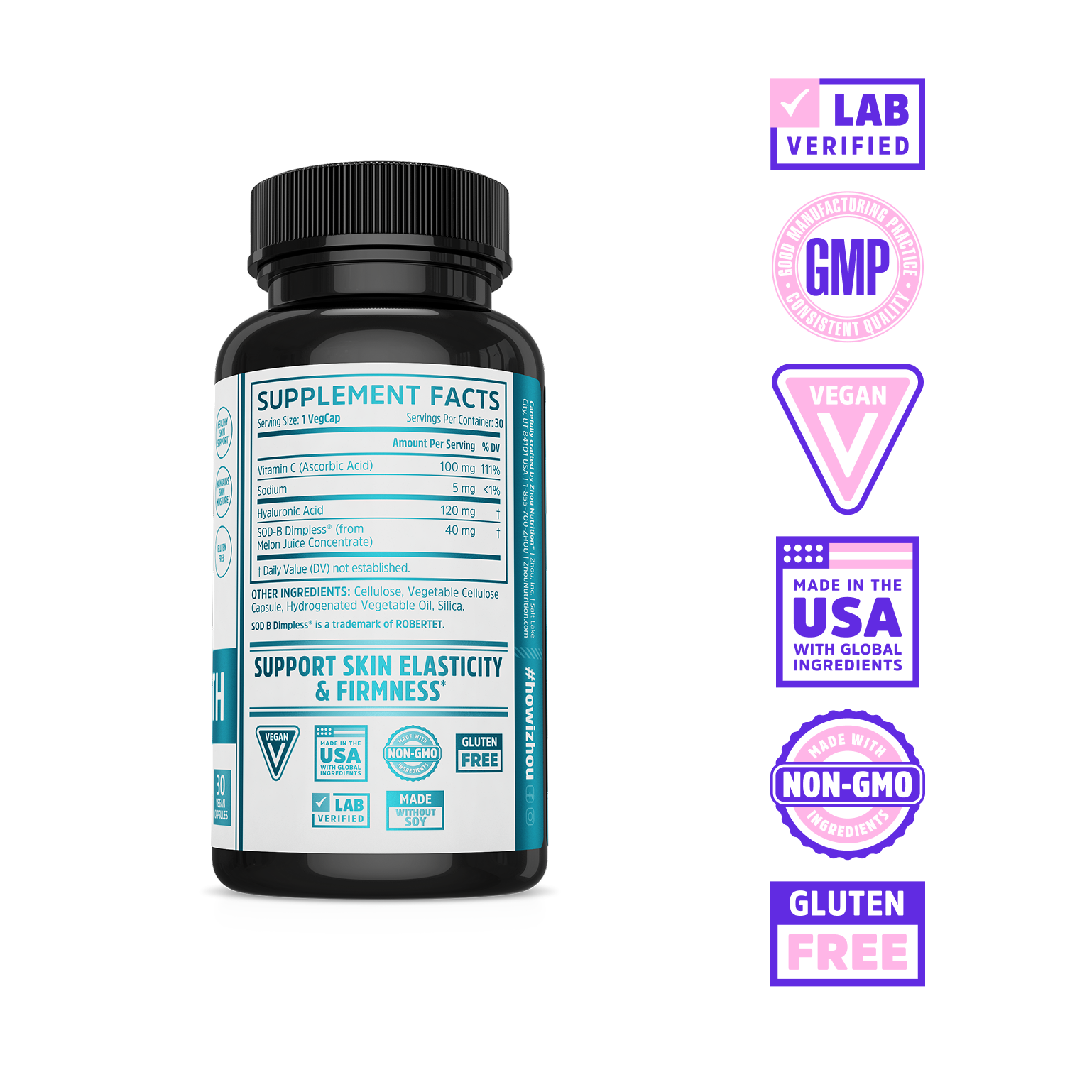 Body Smooth by Zhou Nutrition features hyaluronic acid for skin elasticity; Lab Verified, GMP, Vegan, and Non-GMO.