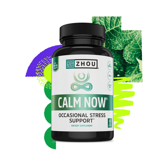 A bottle of Zhou Nutrition Calm Now stress relief supplement, with green leaves and abstract shapes in the background.