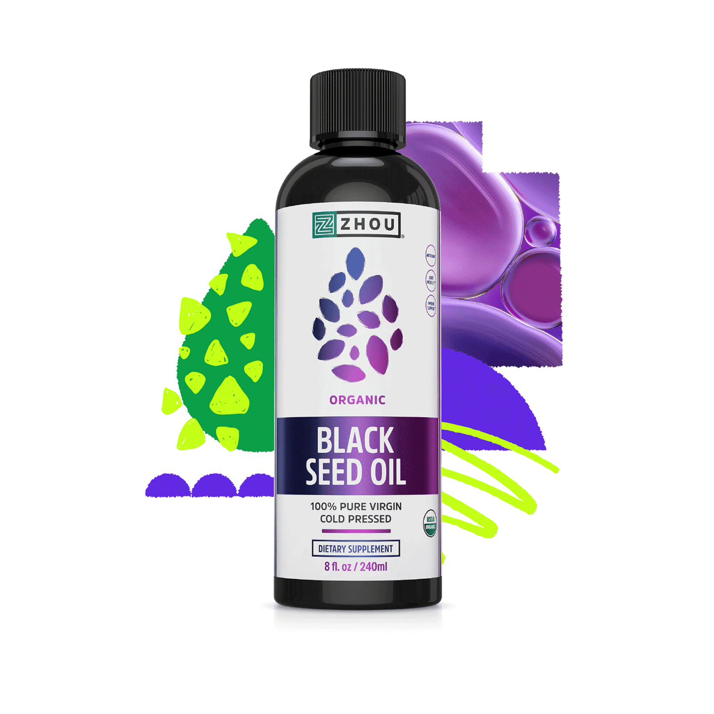 A bottle of Zhou Nutrition Black Seed Oil Liquid with colorful abstract shapes in the background.