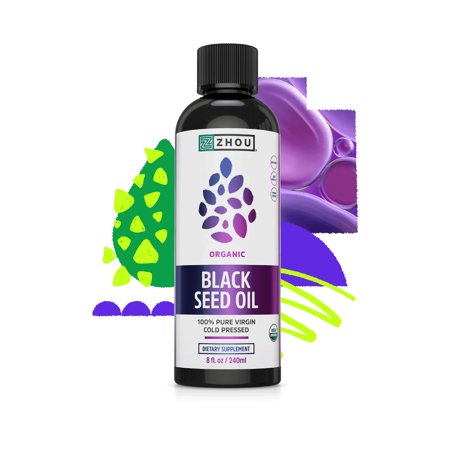 A bottle of Zhou Nutrition Black Seed Oil Liquid with colorful abstract shapes in the background.