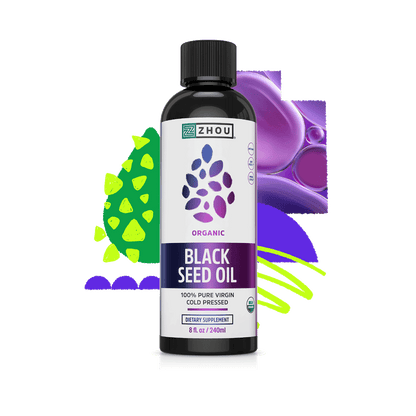 A bottle of Zhou Nutrition Black Seed Oil Liquid with colorful abstract shapes in the background.