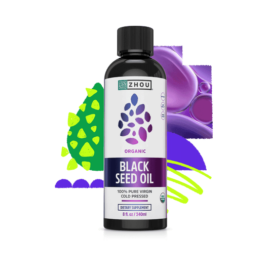 A bottle of Zhou Nutrition Black Seed Oil Liquid with colorful abstract shapes in the background.
