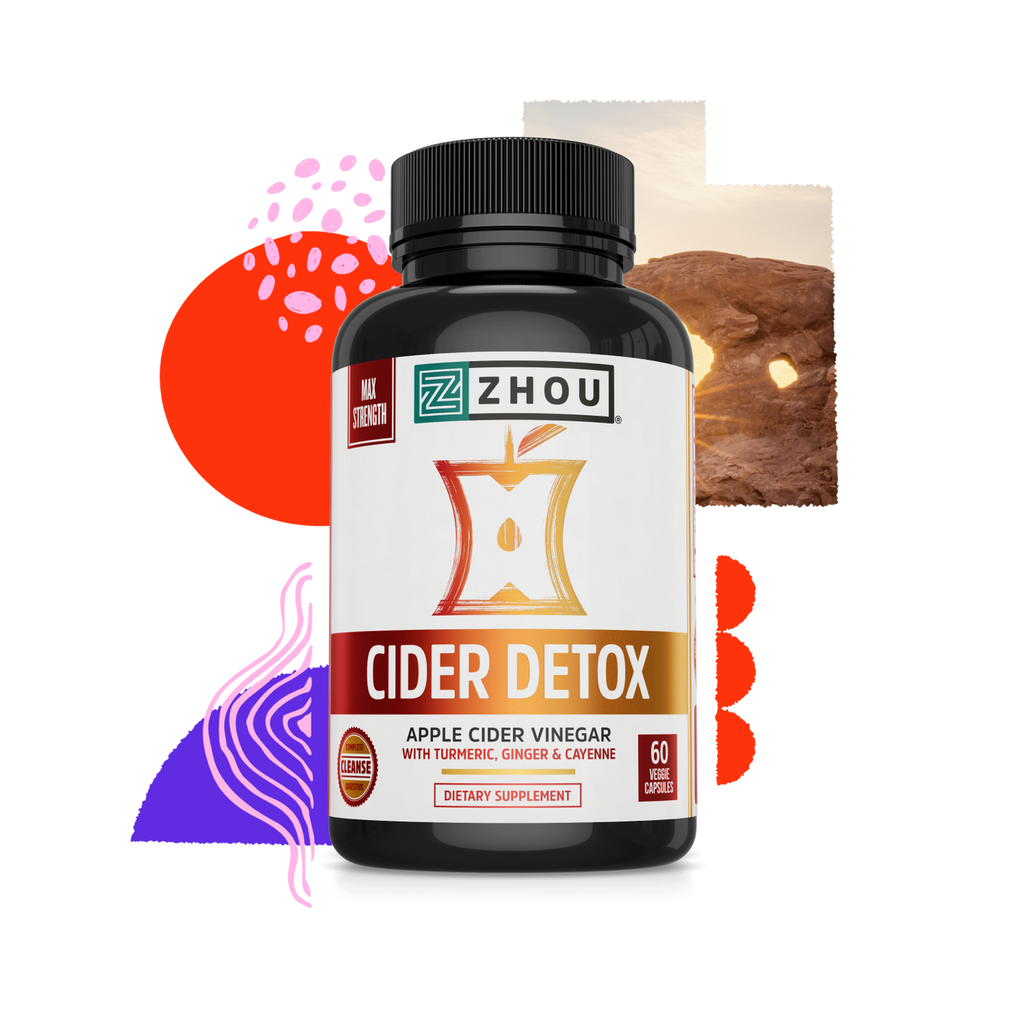 A Zhou Nutrition Cider Detox bottle with colorful abstract shapes and a desert rock background for metabolism boost.