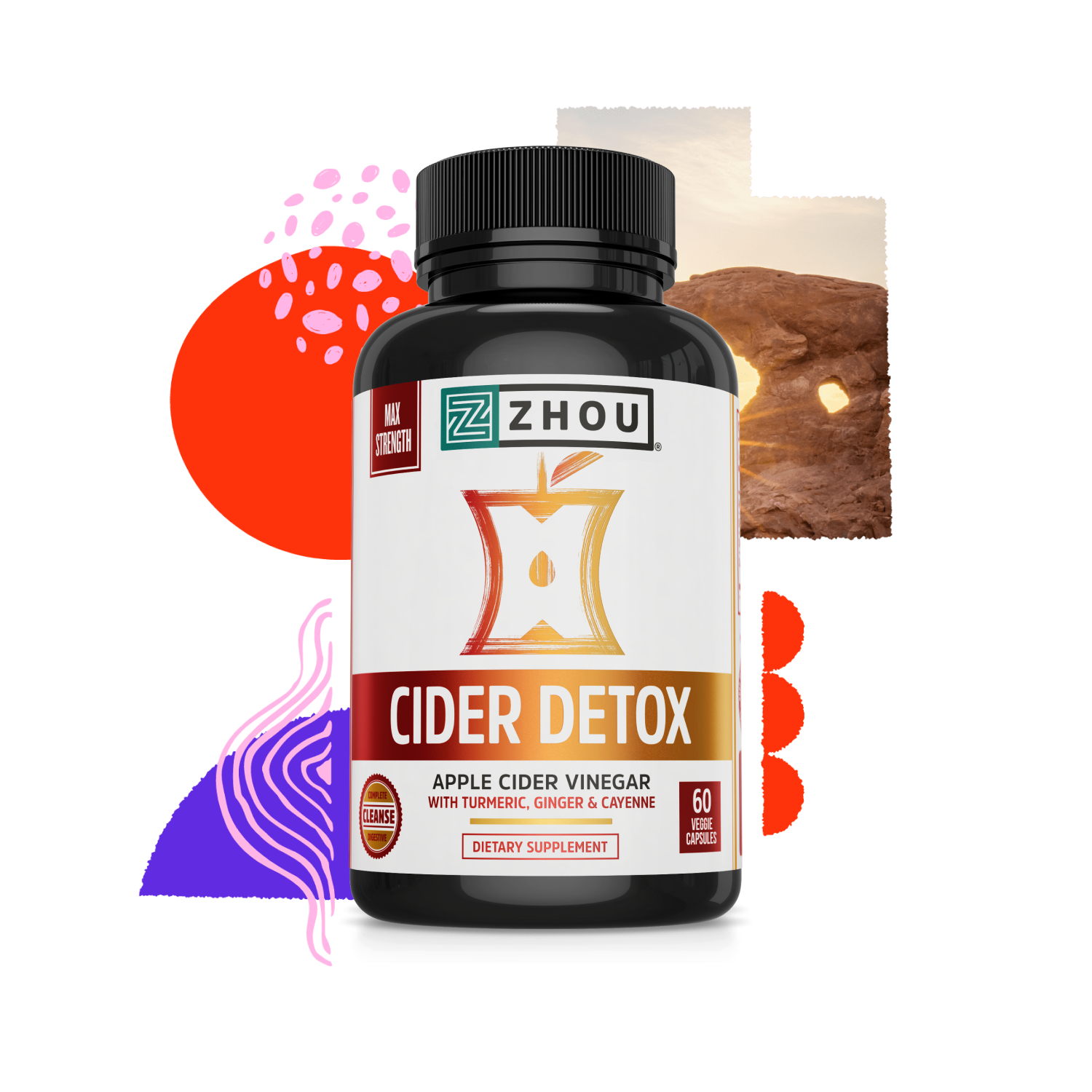 A Zhou Nutrition Cider Detox bottle with colorful abstract shapes and a desert rock background for metabolism boost.