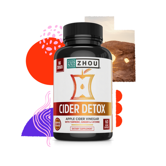 A Zhou Nutrition Cider Detox bottle with colorful abstract shapes and a desert rock background for metabolism boost.