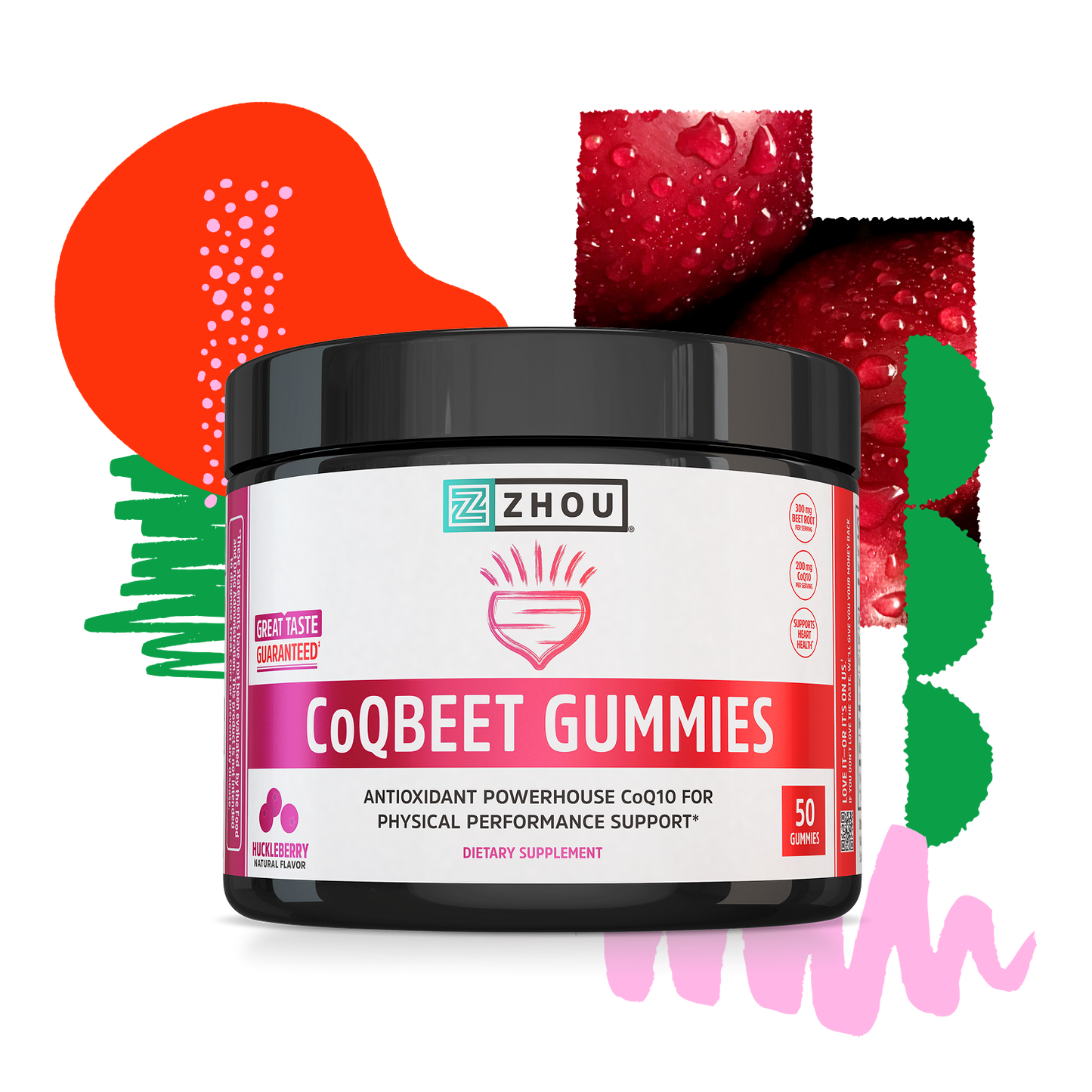 A jar of Zhou Nutrition CoQBeet Gummies with CoQ10 and beet root, surrounded by colorful berry images.
