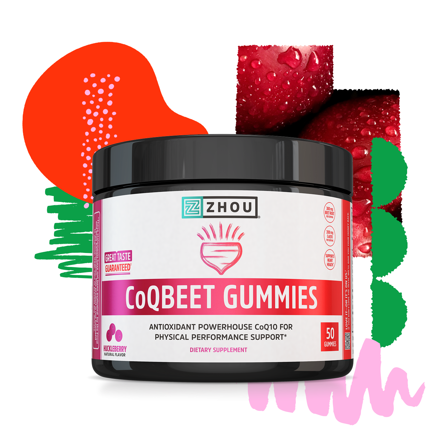 A jar of Zhou Nutrition CoQBeet Gummies with CoQ10 and beet root, surrounded by colorful berry images.