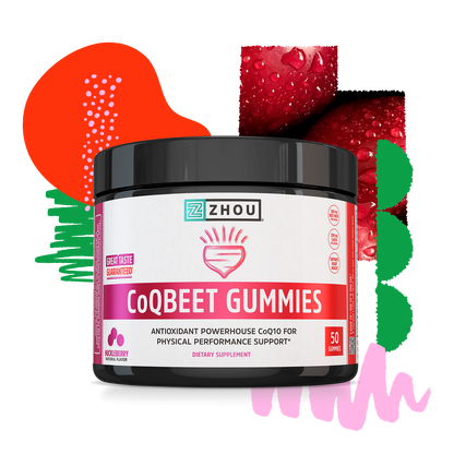 A jar of Zhou Nutrition CoQBeet Gummies with CoQ10 and beet root, surrounded by colorful berry images.