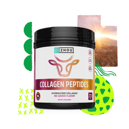 Black container of Zhou Nutrition Collagen Peptides, grass-fed collagen, on abstract green and orange background.