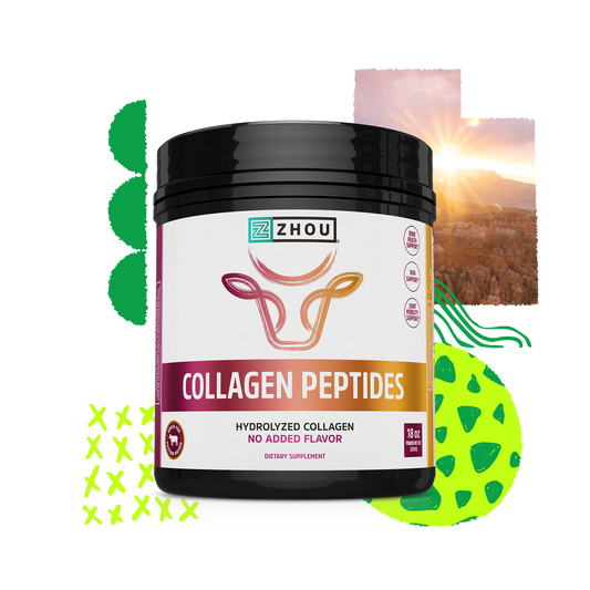 Black container of Zhou Nutrition Collagen Peptides, grass-fed collagen, on abstract green and orange background.