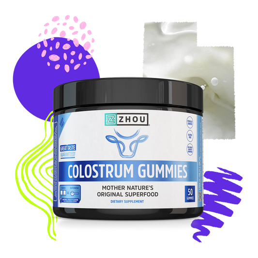 A jar of Zhou Nutrition Colostrum Gummies features colorful abstract shapes for a fun, vibrant way to support modern diets.