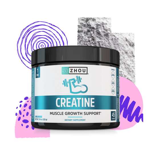 A Zhou Nutrition Creatine container with abstract shapes, supporting muscle strength and growth in the background.